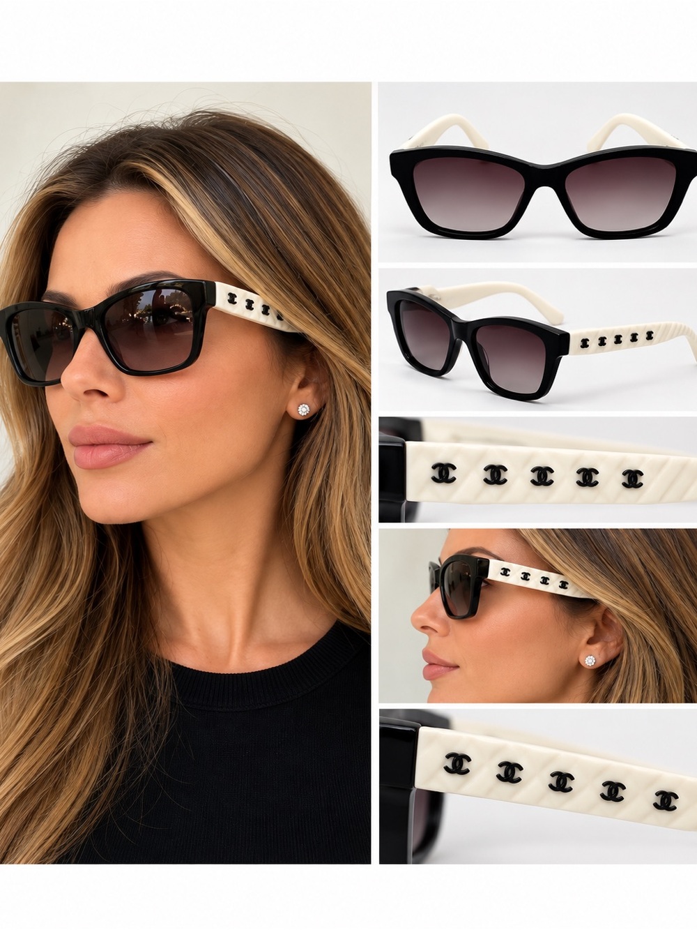 CHANEL Black Frame Sunglasses with White Temples - Authentic